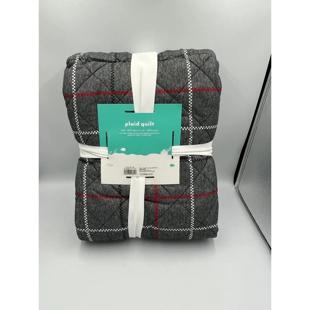 Pillowfort Plaid Quilt Twin Grey Brand New Diamond Quilted Red White Accents